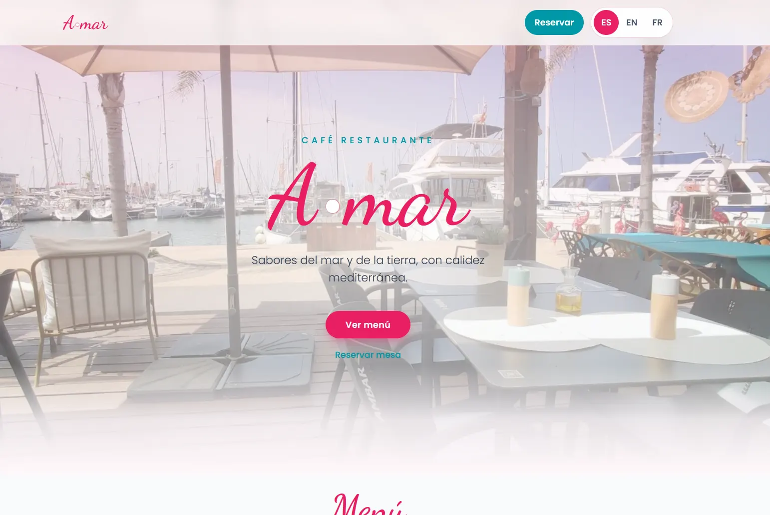 Inicio de A·mar, café restaurante, con la terraza del puerto y el botón Ver menú.