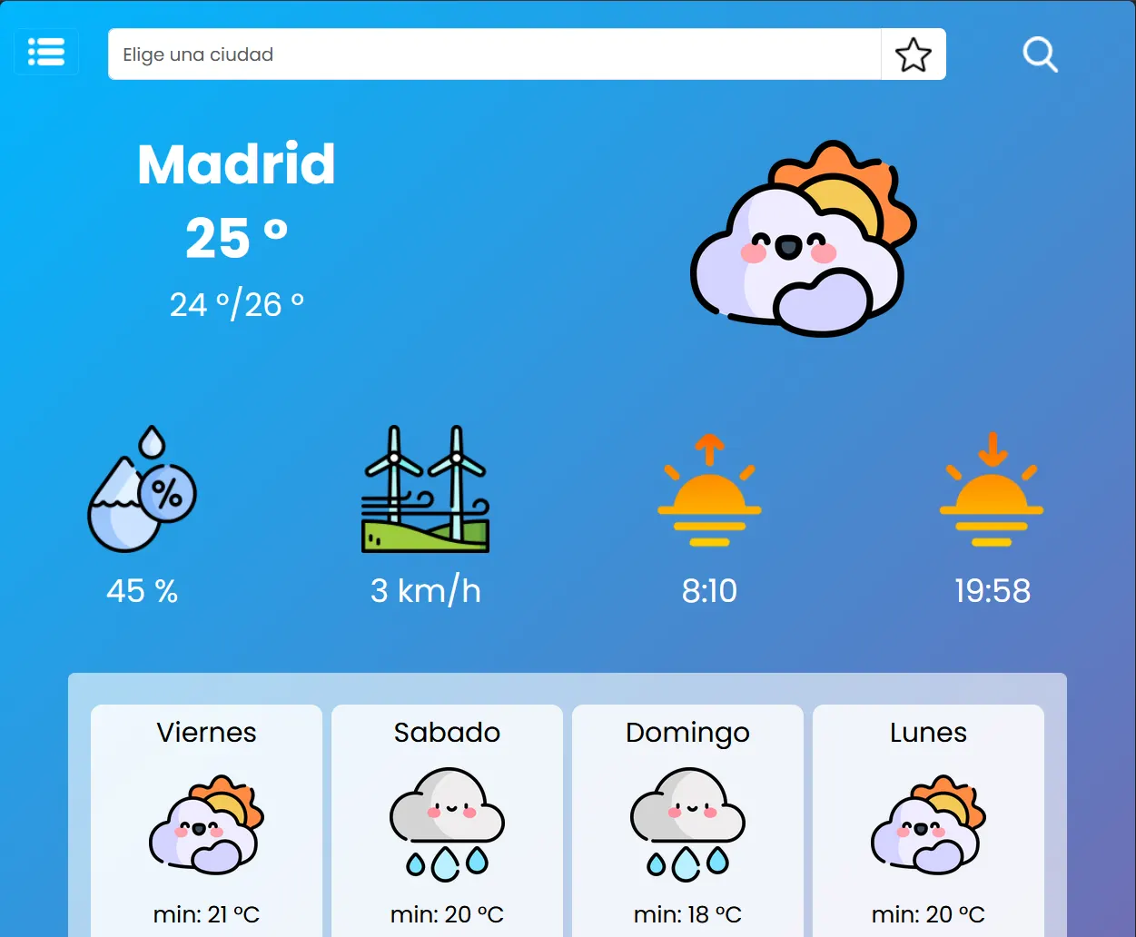 climApp con la temperatura, el viento y el pronóstico de la semana.