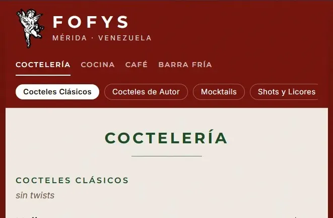 Carta de FOFYS en Mérida, con el logo y la sección de coctelería.