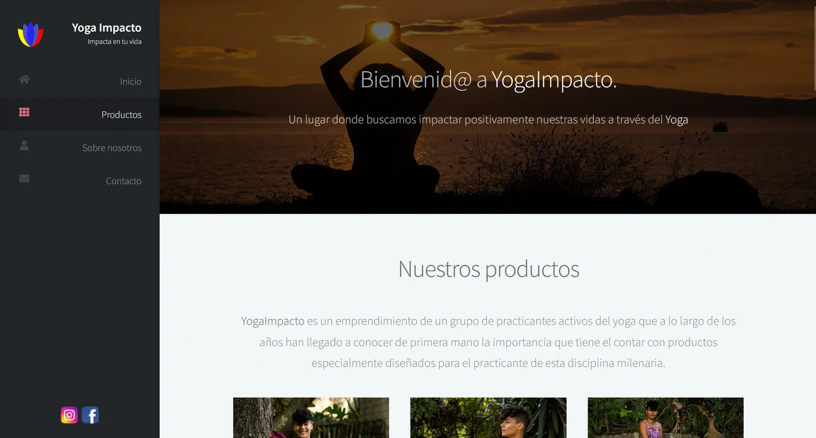 Página de inicio de yogaimpacto, con una persona en postura de yoga al atardecer.